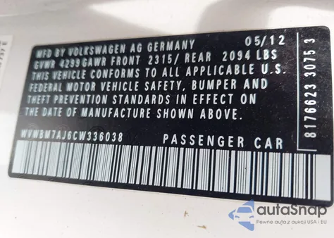 2012 Volkswagen Golf Tdi 2-Door из США, поврежденный, VIN WVWBM7AJ6CW336038